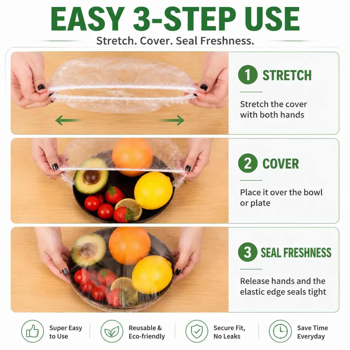 Novyado disposable stretch food covers in use with covered food containers
