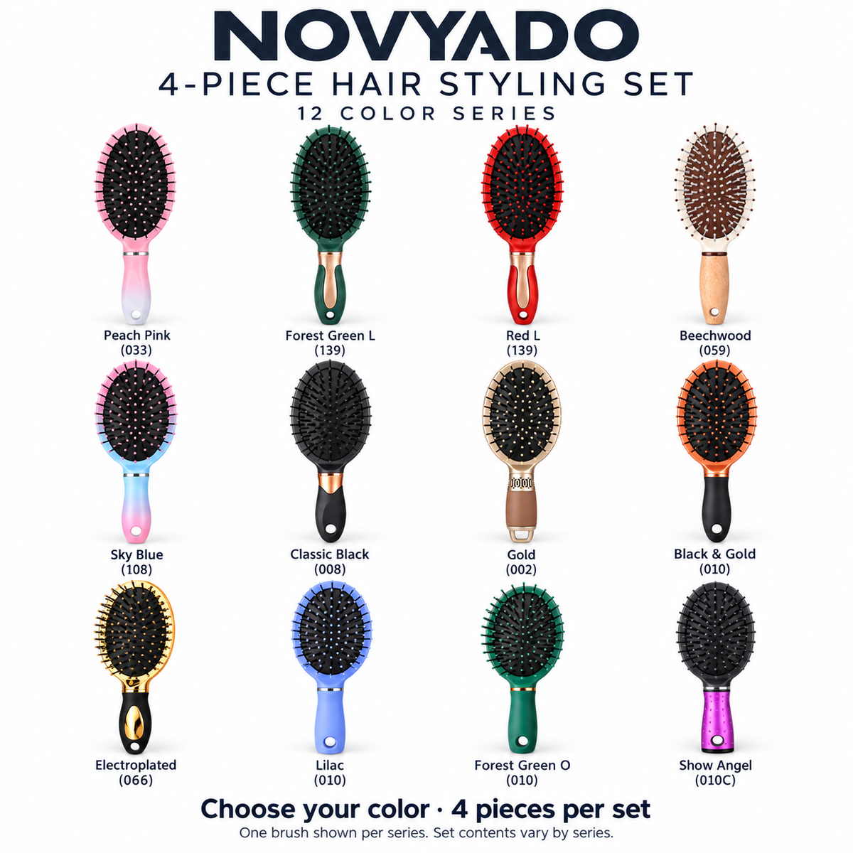 NOVYADO 4-piece hair styling set - 12 color series - one brush shown per series