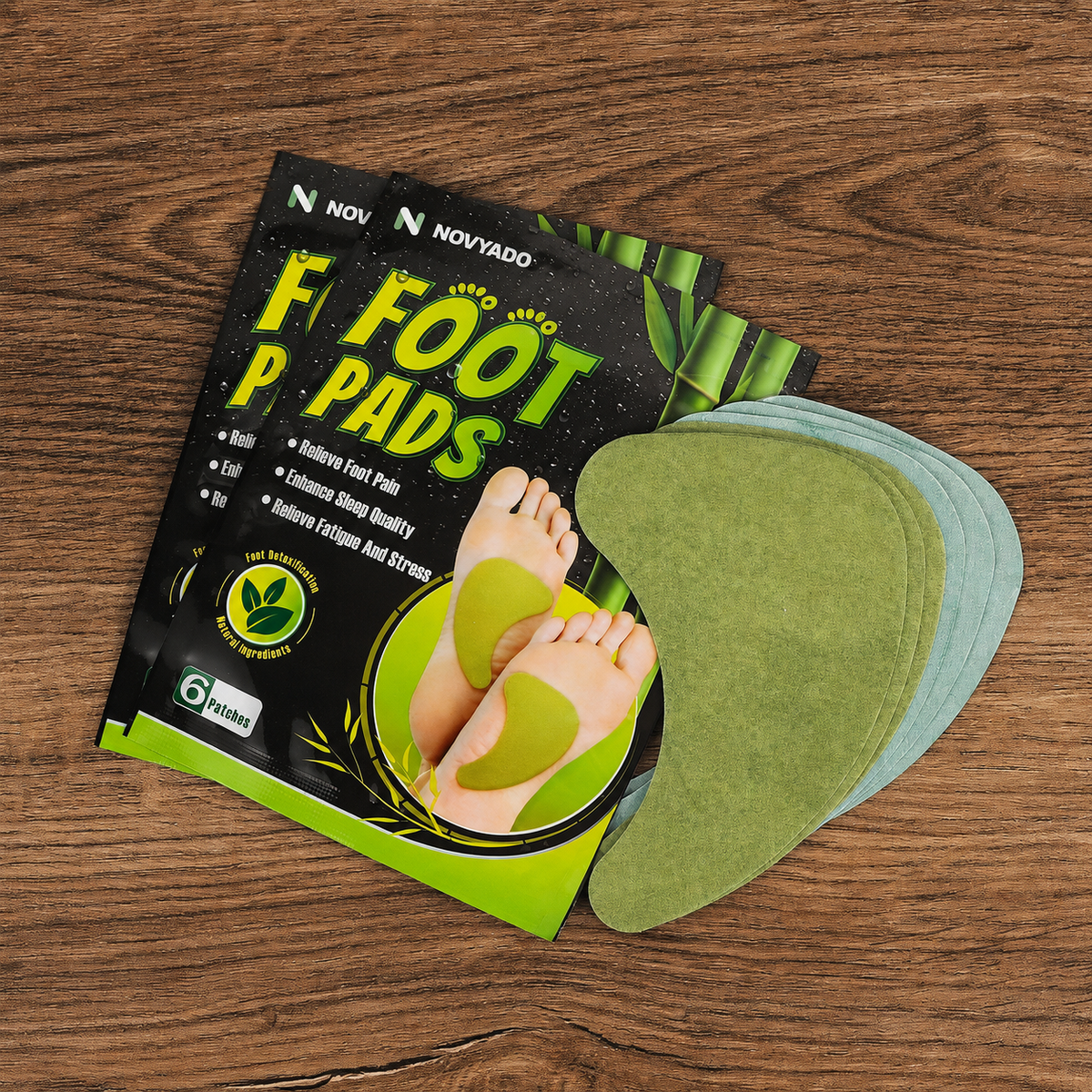 Novyado Foot Comfort Patches on wood surface