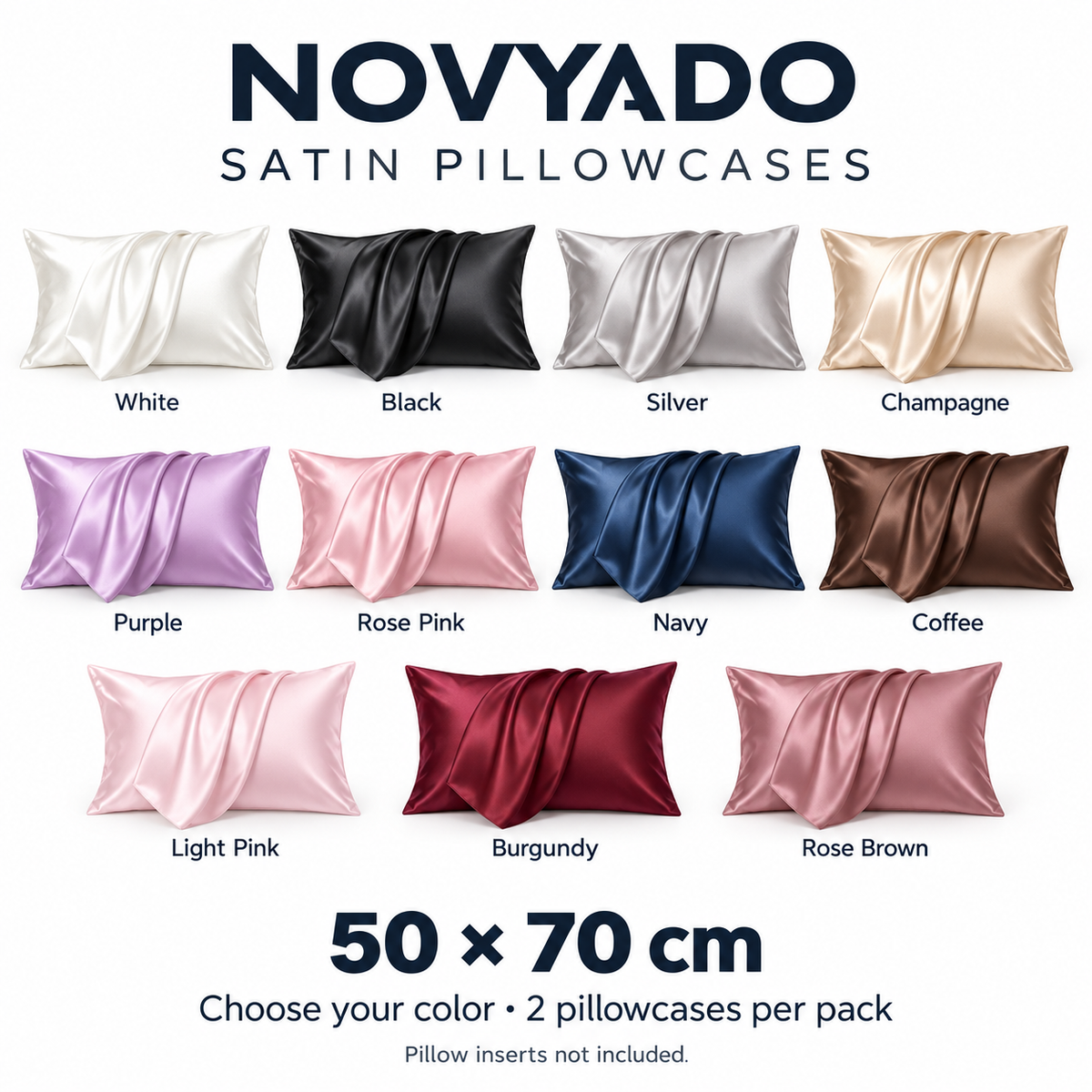 NOVYADO satin pillowcases — 11 colors — 50 x 70 cm — 2 pillowcases per pack