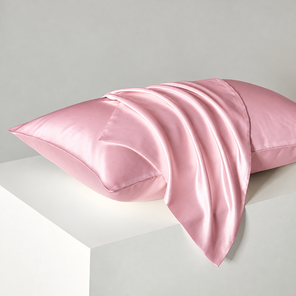 Rose Pink satin pillowcases — diagonal studio view