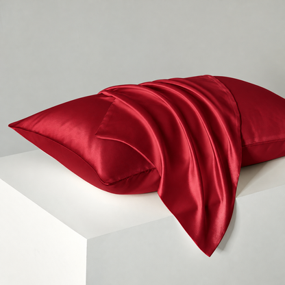 Burgundy satin pillowcases — diagonal studio view