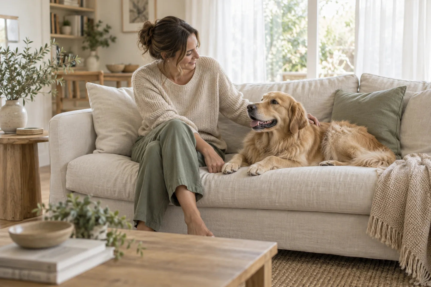 A quiet moment at home with a woman and her dog