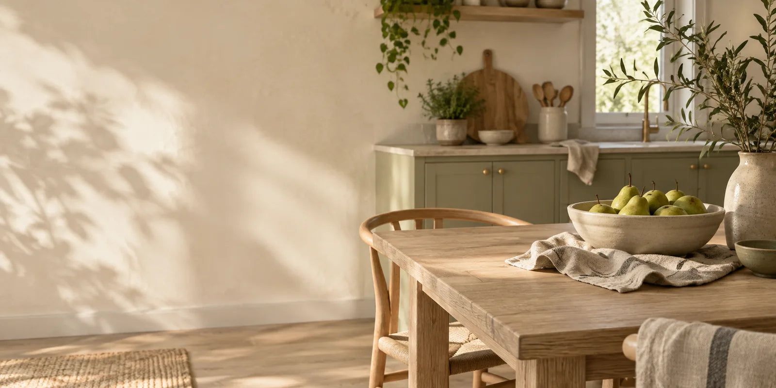 A sunlit dining nook with fresh pears, linen and soft green accents