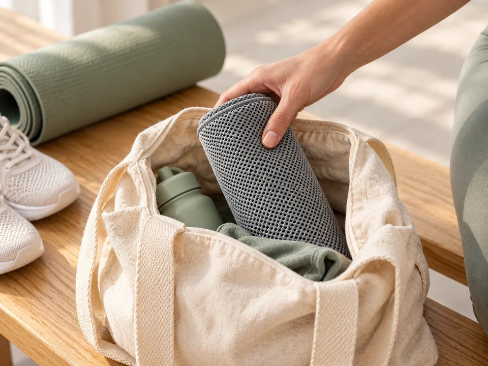 A rolled gray mesh sports towel being packed into a canvas bag