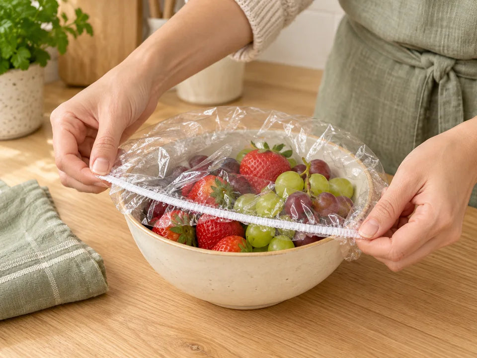 Hands fitting a transparent elastic cover around a bowl of fruit